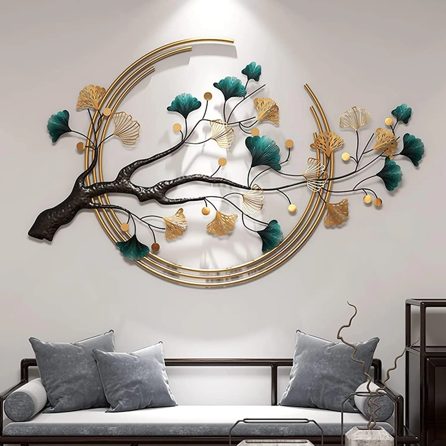 THE HEALING STORE THS Wall Art Metal Round Shaped Beautiful Leaf Wall Arts For Home Hotel Decoration39*24 * 2 (tree moon)