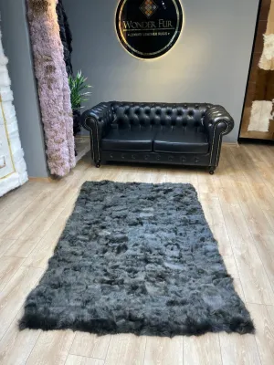 Ultra Soft Shaggy Black Sheepskin Area Rug, Handmade Natural Leather Rug