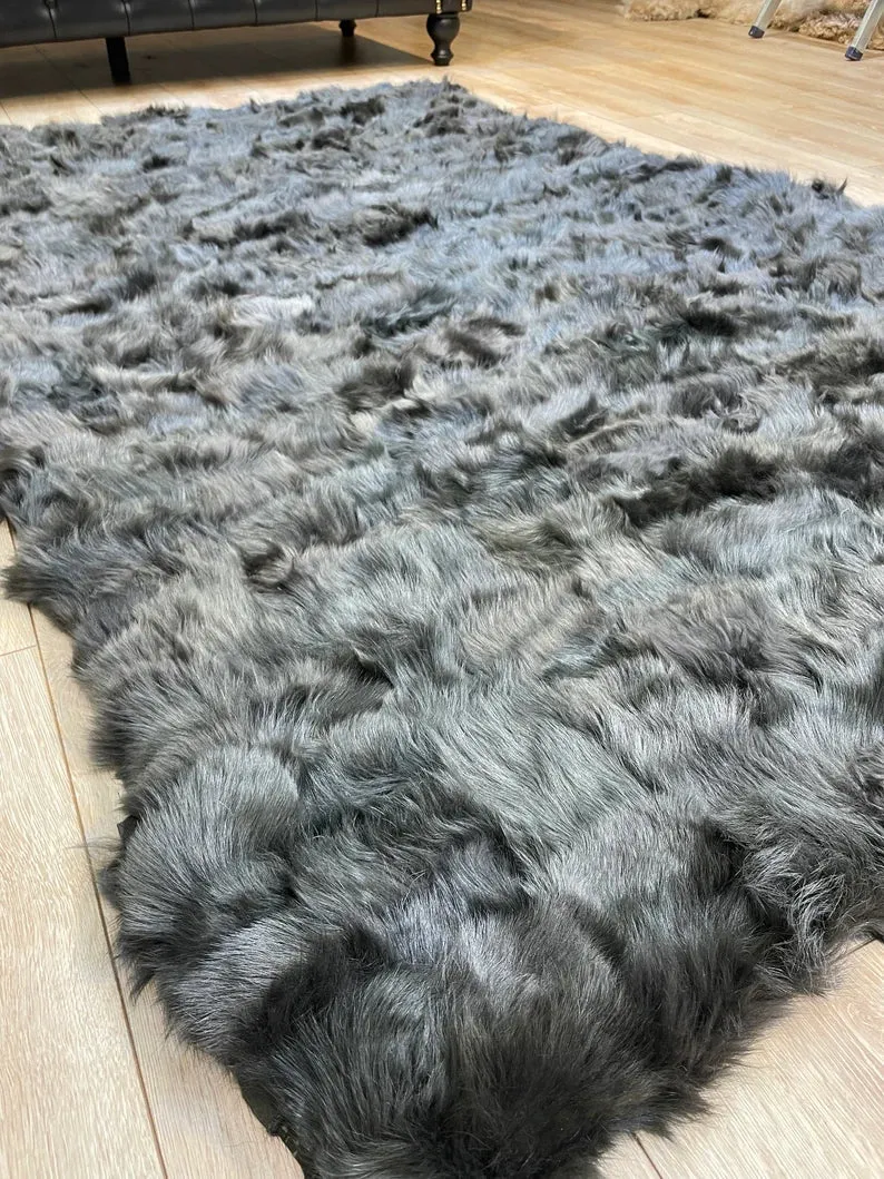 Ultra Soft Shaggy Black Sheepskin Area Rug, Handmade Natural Leather Rug