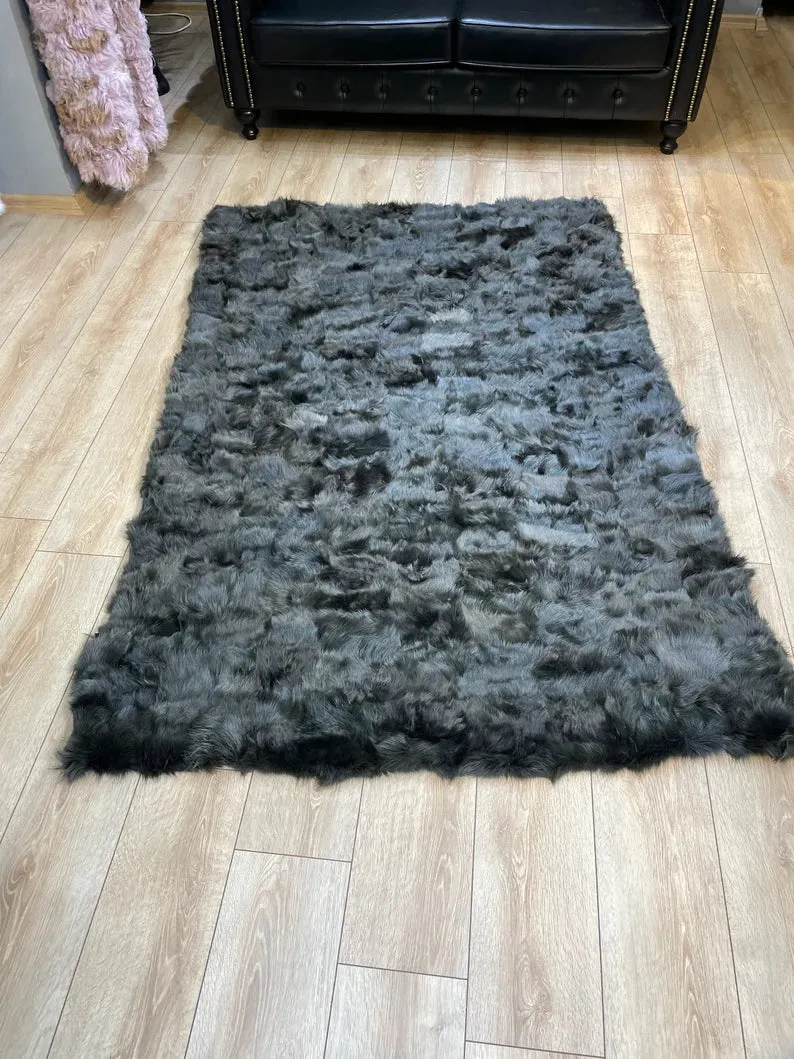 Ultra Soft Shaggy Black Sheepskin Area Rug, Handmade Natural Leather Rug