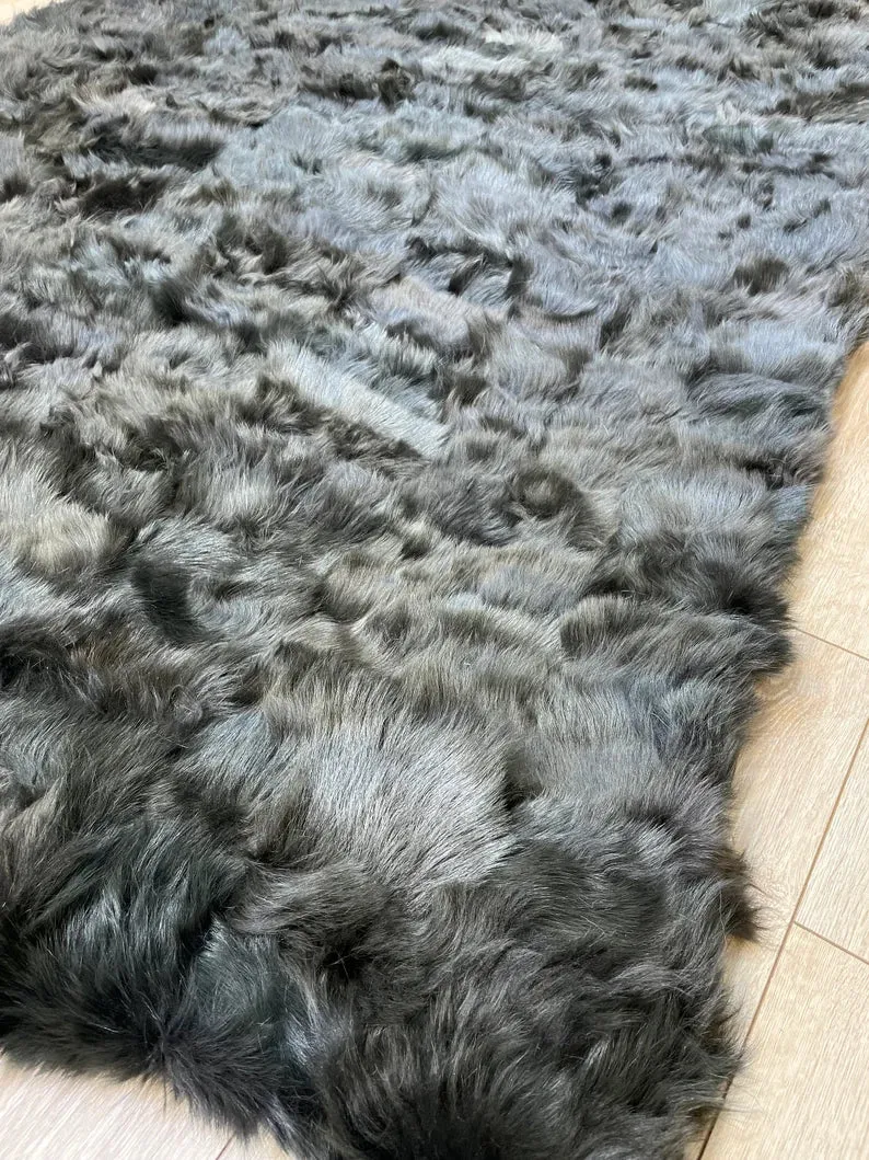 Ultra Soft Shaggy Black Sheepskin Area Rug, Handmade Natural Leather Rug