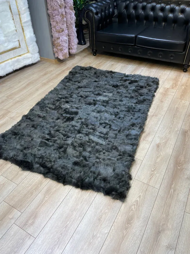 Ultra Soft Shaggy Black Sheepskin Area Rug, Handmade Natural Leather Rug