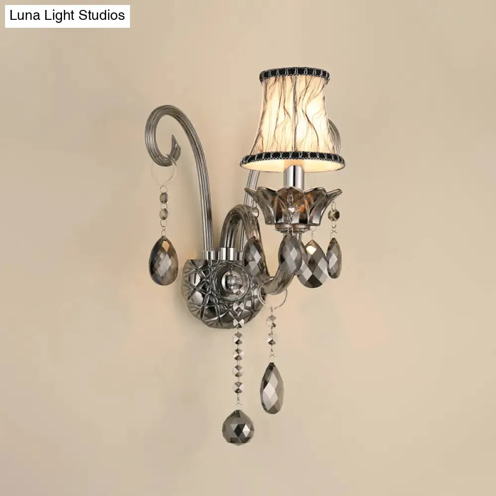 Vintage Smoke Gray Crystal Bell Sconce - Half-Bulb Retro Wall Lamp with Fabric Shade for Living Room