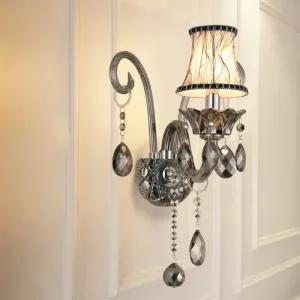 Vintage Smoke Gray Crystal Bell Sconce - Half-Bulb Retro Wall Lamp with Fabric Shade for Living Room