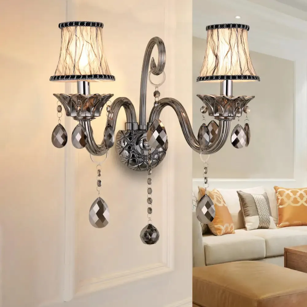 Vintage Smoke Gray Crystal Bell Sconce - Half-Bulb Retro Wall Lamp with Fabric Shade for Living Room