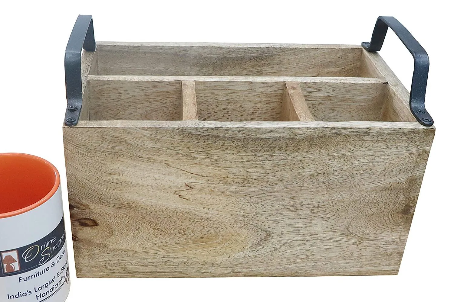 Wooden Caddy with Iron Handles - 4 Compartment Kitchen Organizer and Utensil Holder