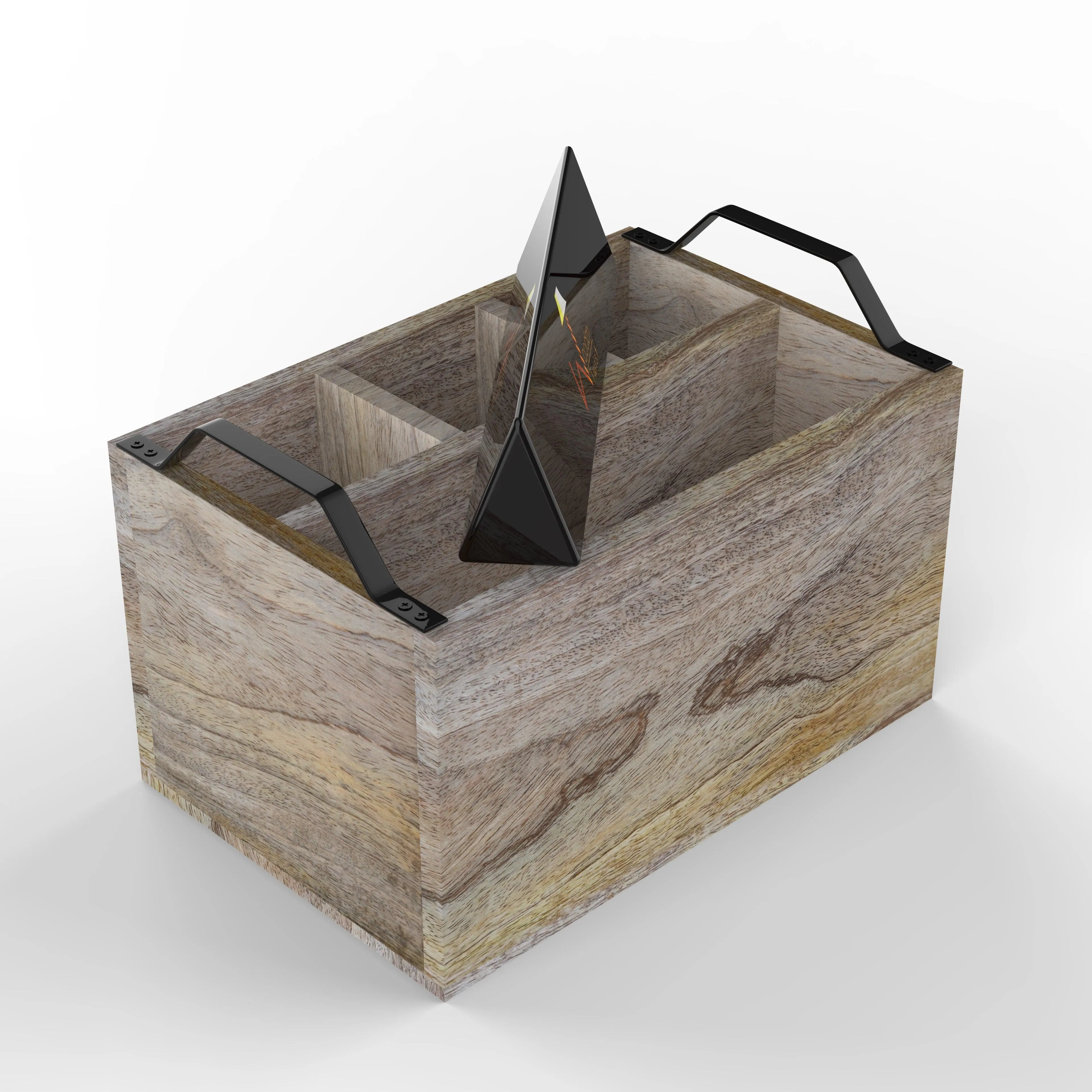 Wooden Caddy with Iron Handles - 4 Compartment Kitchen Organizer and Utensil Holder