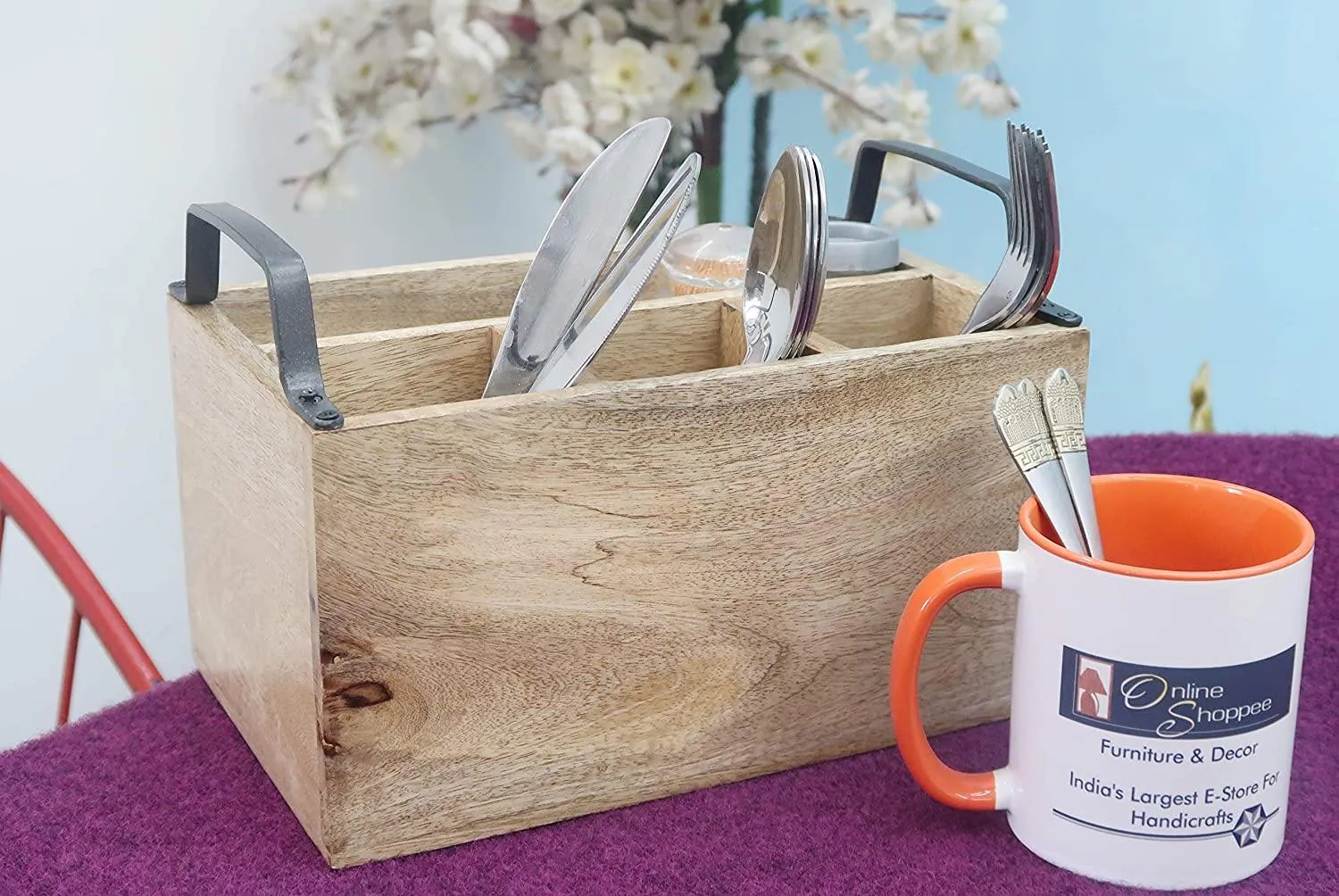 Wooden Caddy with Iron Handles - 4 Compartment Kitchen Organizer and Utensil Holder